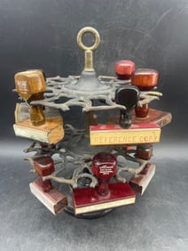 Antique Cast Iron 2 Tier Rubber Stamp Holder w/ Stamps Country Store Revolving