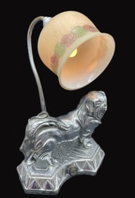 Figural Cast Metal Dog Table Lamp Glass Shade