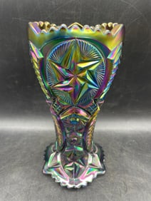 Vintage L. E. Smith Nortec Ohio Star Carnival Iridescent Amethyst Glass Vase 9"