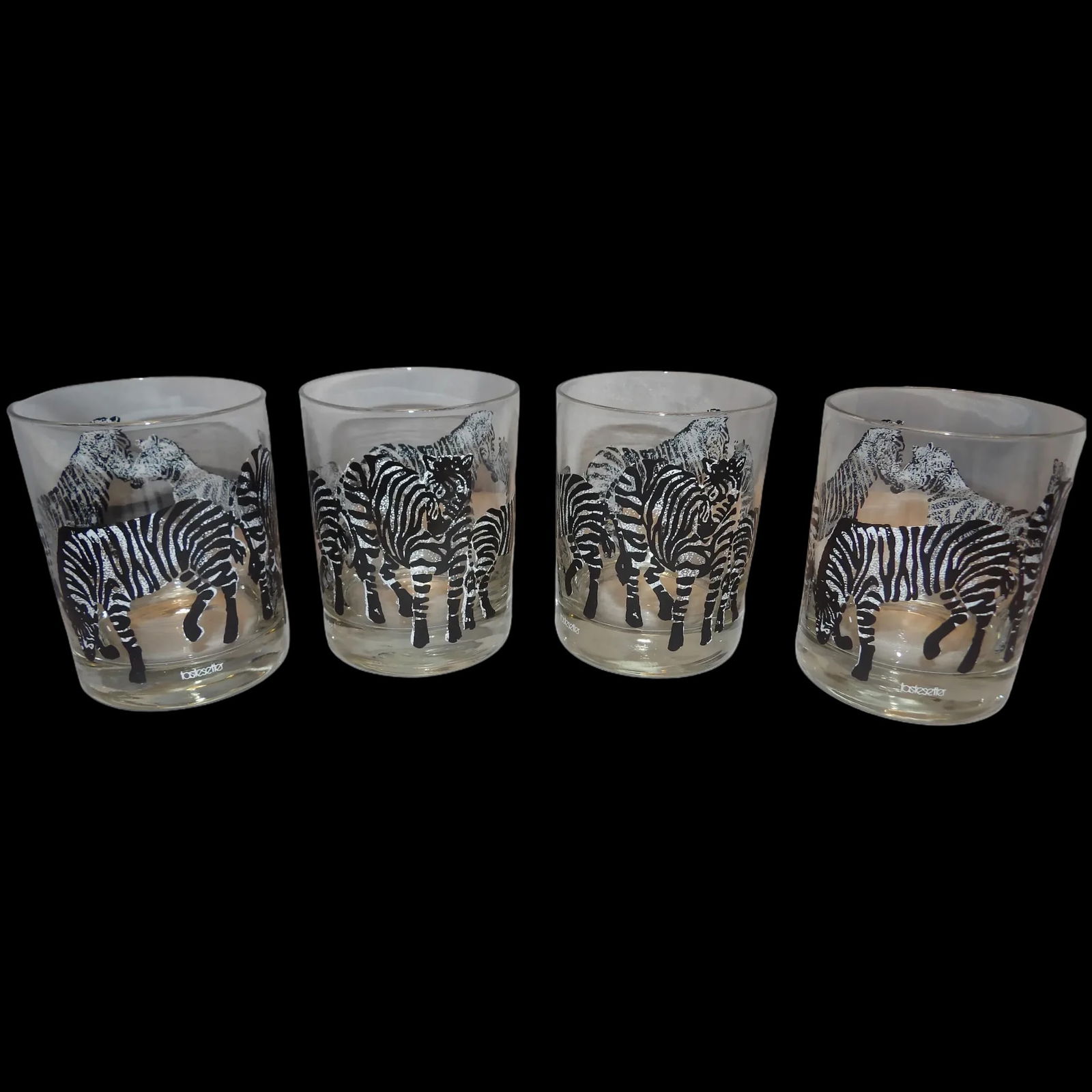 Vintage Tastesetter ZEBRA Safari Double Old Fashioned Cocktail Glasses: Vintage Tastesetter ZEBRA Safari Double Old Fashioned Cocktail Glasses are in excellent used condition. No chips, cracks, flea bites or loss of color. Nice addition to any barware collection or to ser