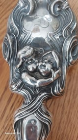 Antique Art nouveau sterling hair brush sisters kissing repousse