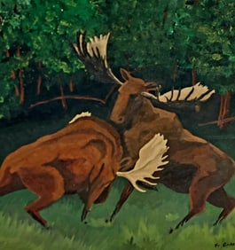 Impressionist oil painting Moose Rutting 1961 Globerman rare piece