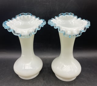 Pair Fenton White Milk Glass Blue Aqua Crest 8” Vase w Crimped Edge Vintage 1940s