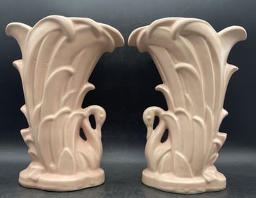 Vintage Mid Century McCoy Pottery Pink Swan Ceramic Vase Pair circa 1946