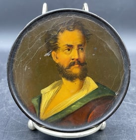 ANTIQUE BLACK LAQUER PAPER MACHE SNUFF BOX W/GENTLEMAN'S PORTRAIT