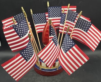 Folk Art Handmade Flag Holder and Flags Patriotic Artist Signed