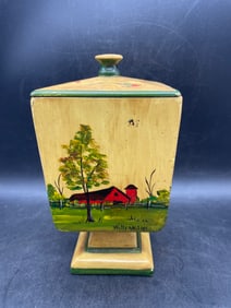 Primitive Folk Art Tole Painted Wood Pedestal Urn W/ Lid Artist Sign