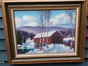 Snow covered bridge oil painting listed artist Edna Engelhardt (1897-1991)