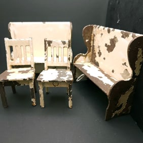 Arcade Cast Iron Dollhouse Kitchen High Backed Settee Benches and Chairs Set