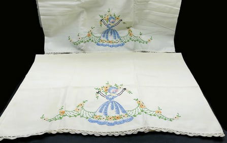 Vintage Pillowcases Handmade Embroidered GIRL Flowers