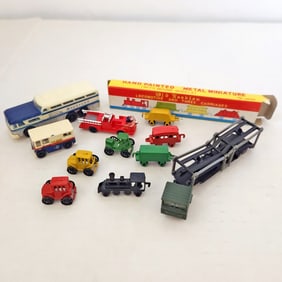 Miniature Modes of Transportation including 1960 plastic Bachmann Greyhound bus made in Hong Kong