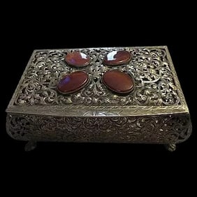 Antique 800 Silver Casket Box w/ Carnelian Gemstones