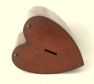 Antique folk art wood heart shaped penny bank