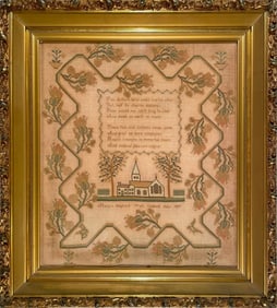 Needlework Sampler w Church and Verse – 1839