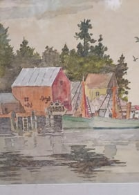 Ocean coastal cottage boat watercolor unsigned New England 1940