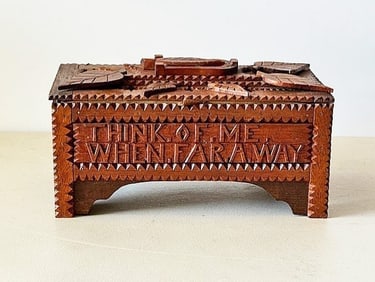 Tramp Art Box w Inscription Think of Me When Far Away
