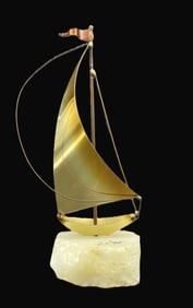 VINTAGE SIGNED DE MOTT BRASS SAILBOAT ON MARBLE