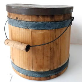 Primitive Wooden Firkin Sugar Bucket Metal Bands /Wire Bail Wood Handle circa 1880’s