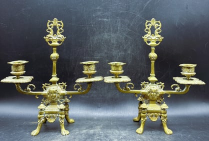 Exceptional Pair Brass Candlesticks Footed with Face detail