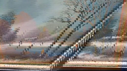 1890 oil painting on Board Winter scene Ice Skating On Pond