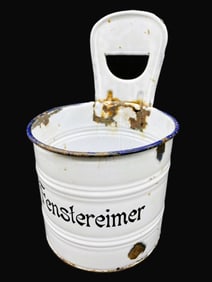 GERMAN SNOW ON MOUNTAIN ENAMEL POT FENSTEREIMER BUCKET White with Black Trim.