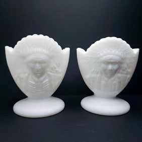 John Kemple Milk Glass Indigenous Indian Chief Toothpick Match Holder Set of 2