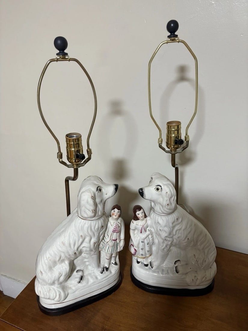 Pr Rare Staffordshire Spaniel Dog Lamps (1 of 9)