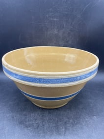 Antique Yellow Ware Blue & White Striped Banded 10 1/2" Stoneware Mixing Bowl