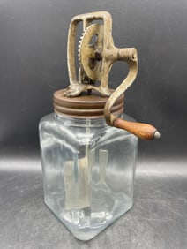 2 Qt Hand Crank Glass Butter Churn Farmhouse Décor