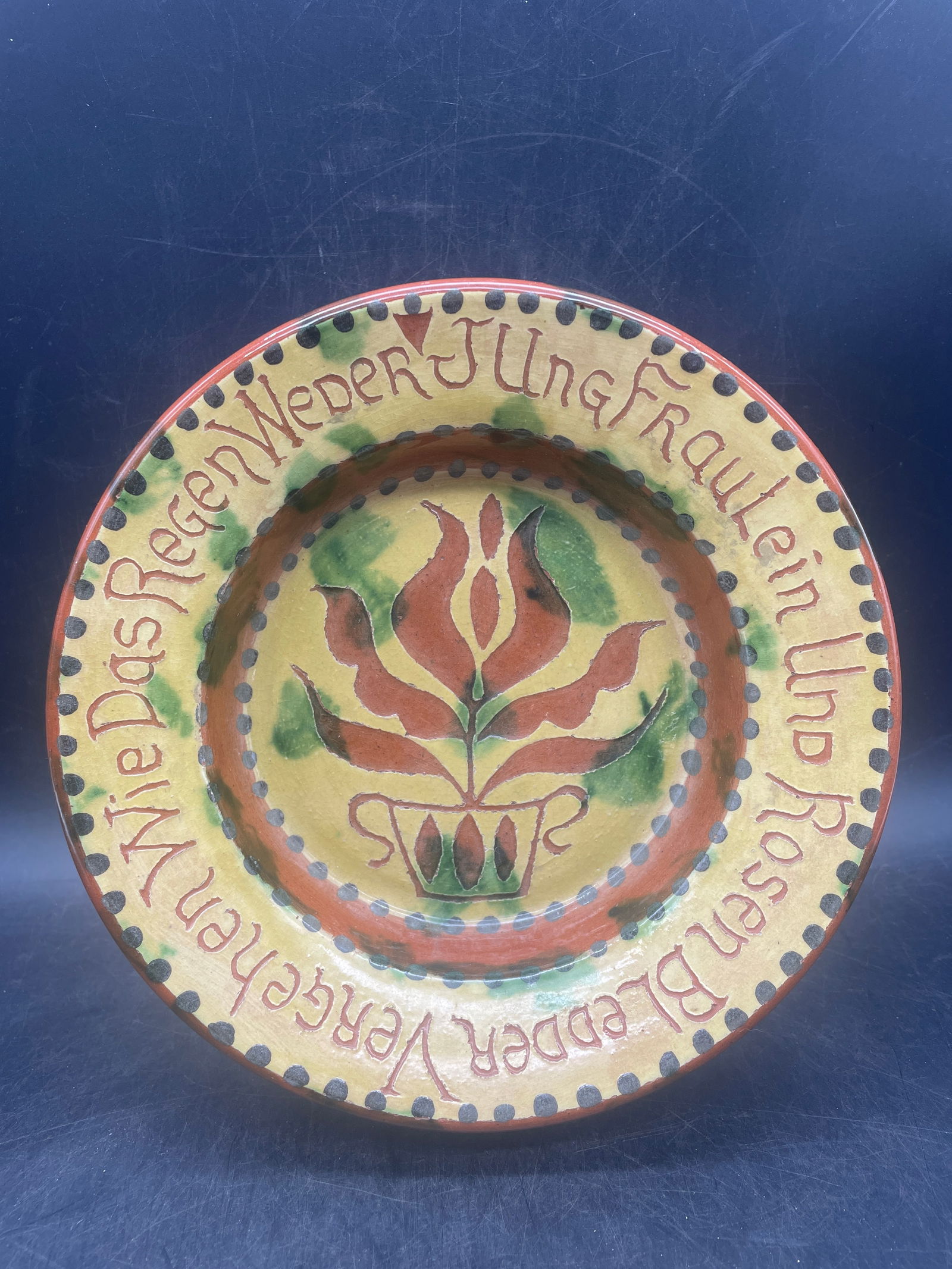 James C Seagreaves JCS Folk Art Tulip Dish Bowl Redware: Title: James C Seagreaves JCS Folk Art Tulip Dish Bowl Redware Date/Period: unknown Dimension: 8"D Material: redware Additional Information: James C Seagreaves (JCS) Folk Art Tulip Dish Bowl Redware S