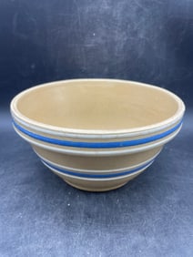 Antique Stoneware Yellowware Blue White Bands Mixing Bowl Banded Yellow Ware