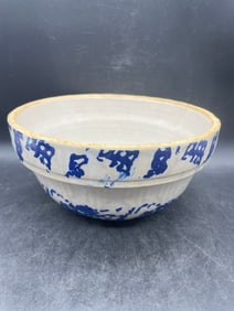 Antique Blue & White Spongeware Stoneware Salt Glazed Mixing Bowl Crock