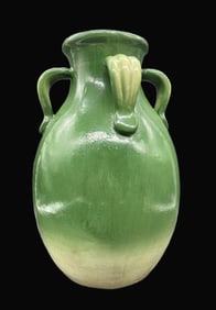 Antique Majolica 4 HANDLED POTTERY JUG VASE Green & Cream LARGE HEAVY