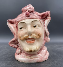 Vintage Majolica Style Figural Man Head Tobacco Jar / Humidor, Court Jester