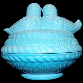 Love Birds Covered Candy Dish Blue Glass