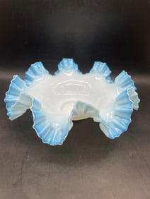 Fenton Blue Opalescent Glass Bowl with Ruffled Rim