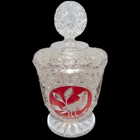 Hofbauer Byrdes West Germany Ruby Red Cut to Clear Candy Jar and Lid