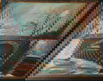 River scene bridge sidewalk lights oil painting on Board D.J Schieder