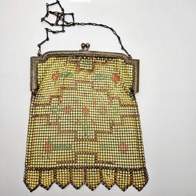 1920's Whiting & Davis Cream Mesh Enamel Purse Native Motif
