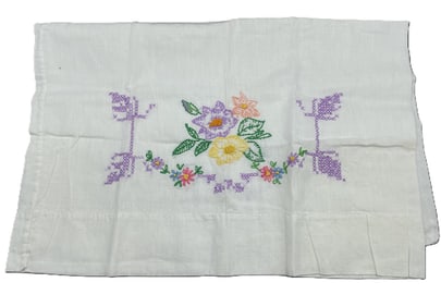 Vintage Pillowcases Handmade Embroidered Flowers Purple Accents