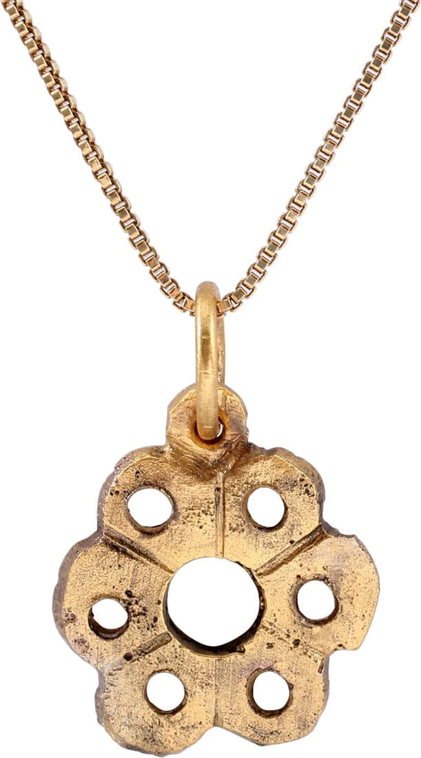 ITALIAN WOMAN'S PENDANT NECKLACE C1500-1700: Gilt bronze, about 5/8" width of wheel form with six spokes, pierced circular hum and pierced scalloped edge. Representing the Wheel of Fortune, a Pagan concept descended from the Romans and overlappi