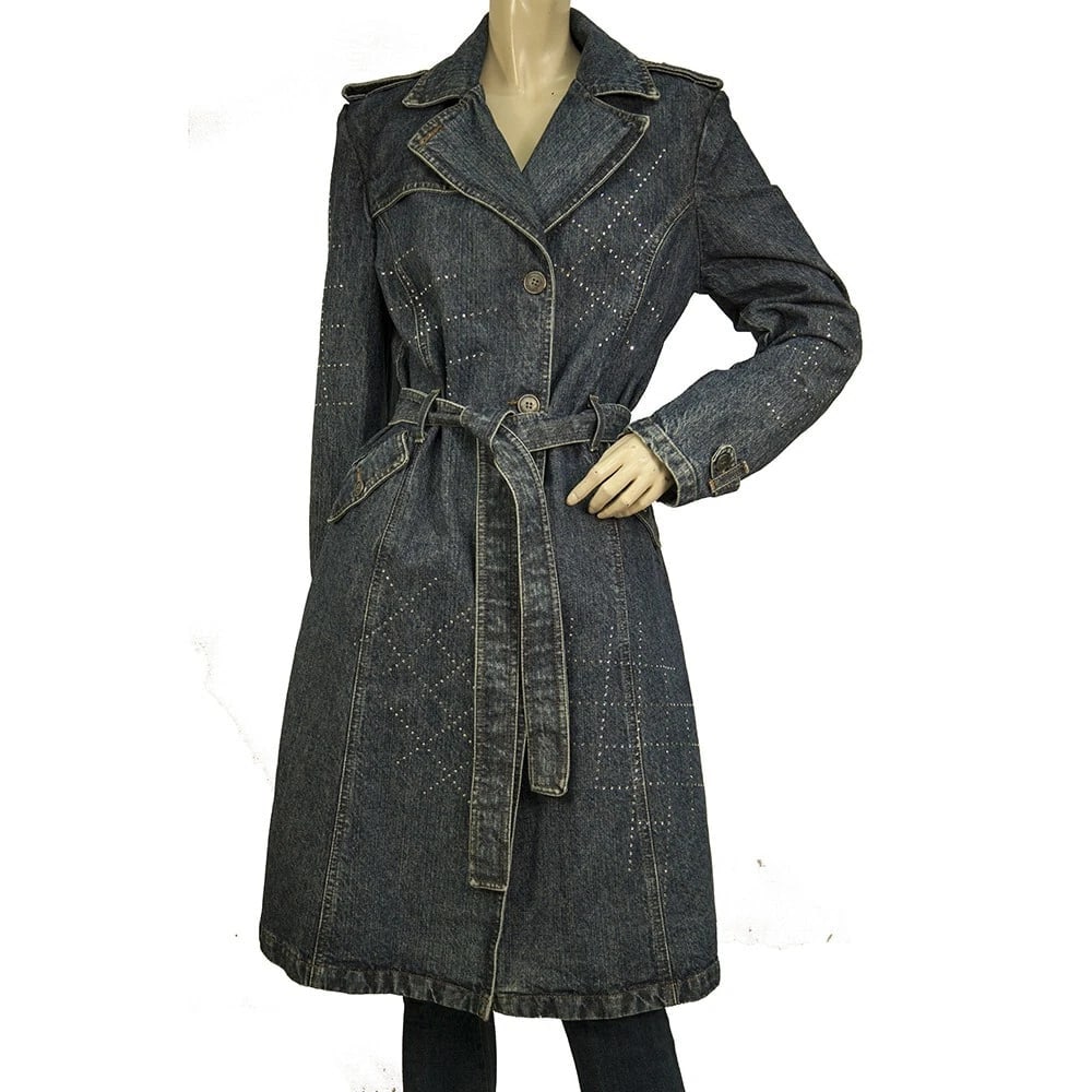 Angelo Marani Jeans Blue Denim Jacket w. Rhinestones Long Coat Belt size 44 (1 of 6)