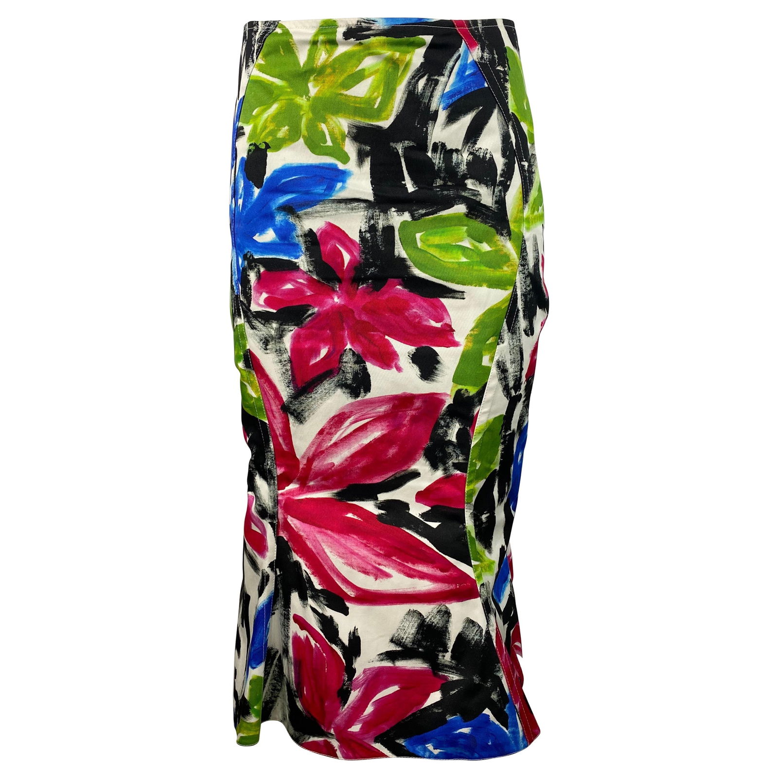 Marni Multicolored Midi Skirt, Size 42: About the Item Product details: The skirt features multicolored floral print with flared detail on the bottom and concealed rear zip closure. Size 42 Dimensions: Length: 37 in (93.98 cm)Marked Size: 4