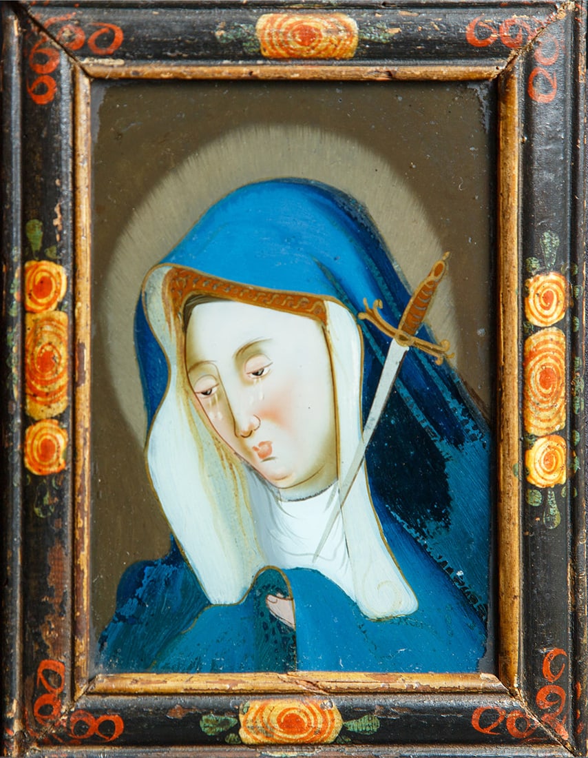 Artist Unknown - Weeping Saint and Sword - 1790 Painting 8.75" x 6.75": Weeping Saint and Sword by Artist Unknown, 1790 Unsigned Painting. Paper size is 8.75 x 6.75 inches, with an image size of 6.75 x 4.75 inches. The Painting is from an unknown edition size. and is curr