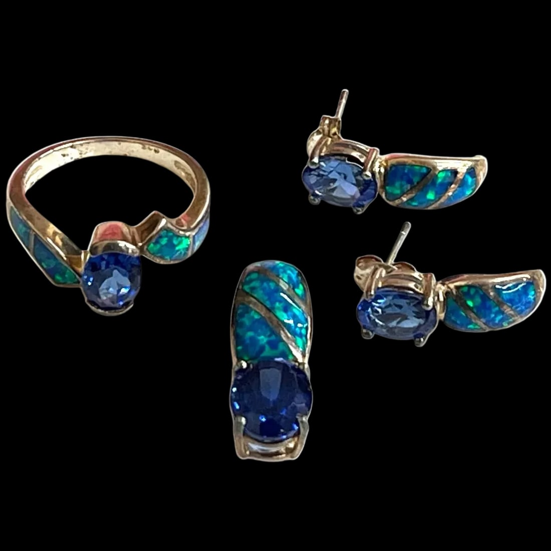 Vintage Blue Stone and Opal Inlay Sterling Silver Ring, Earrings, and Pendant Set (1 of 10)