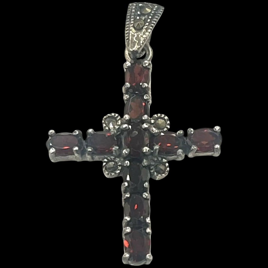 Vintage Sterling Silver, Marcasite, and Garnet Cross Pendant- Easter (1 of 5)