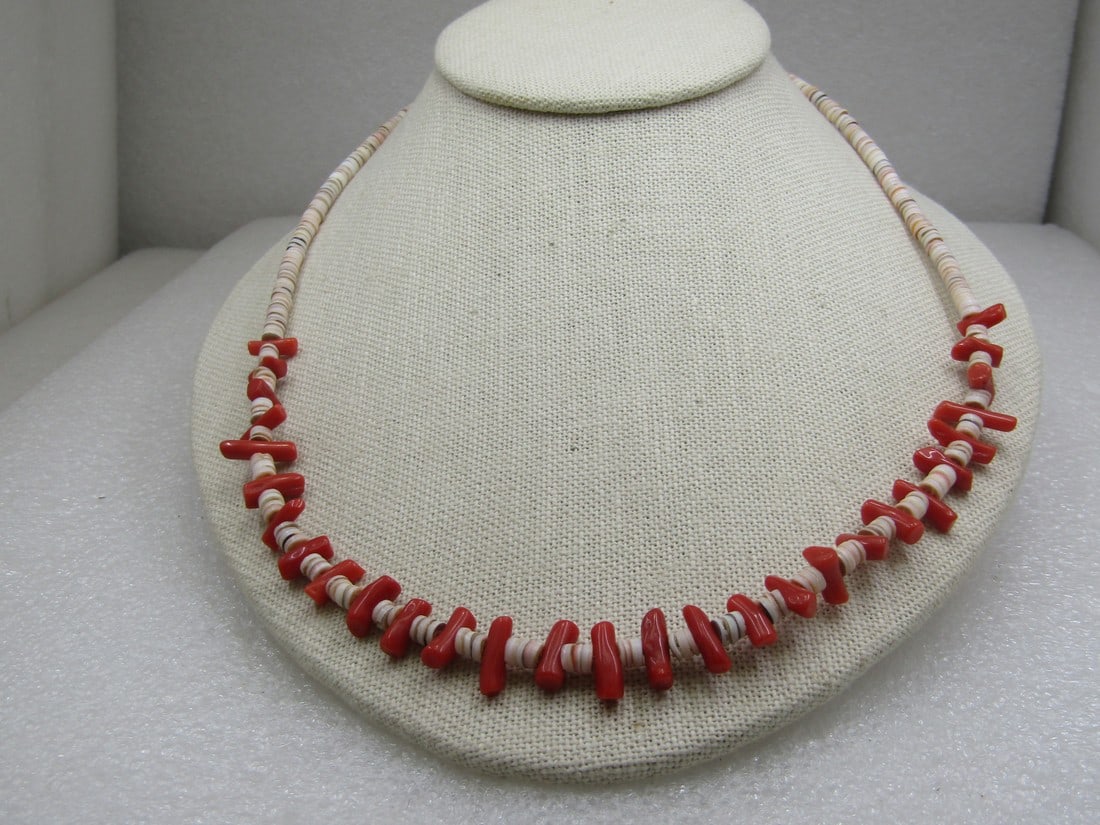 Sterling Southwestern Puka & Red Coral Heishi Necklace, 21" (1 of 5)