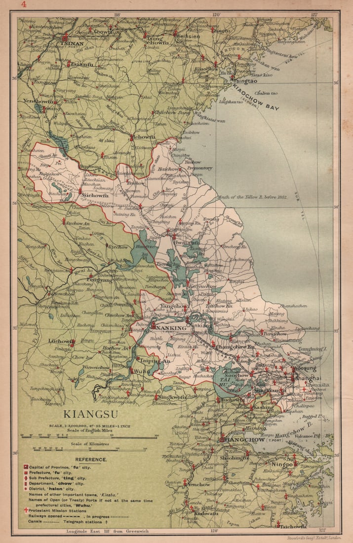 Kiangsu (Jiangsu) China province map. Shanghai Suzhou Nanjing. STANFORD 1908 (1 of 1)