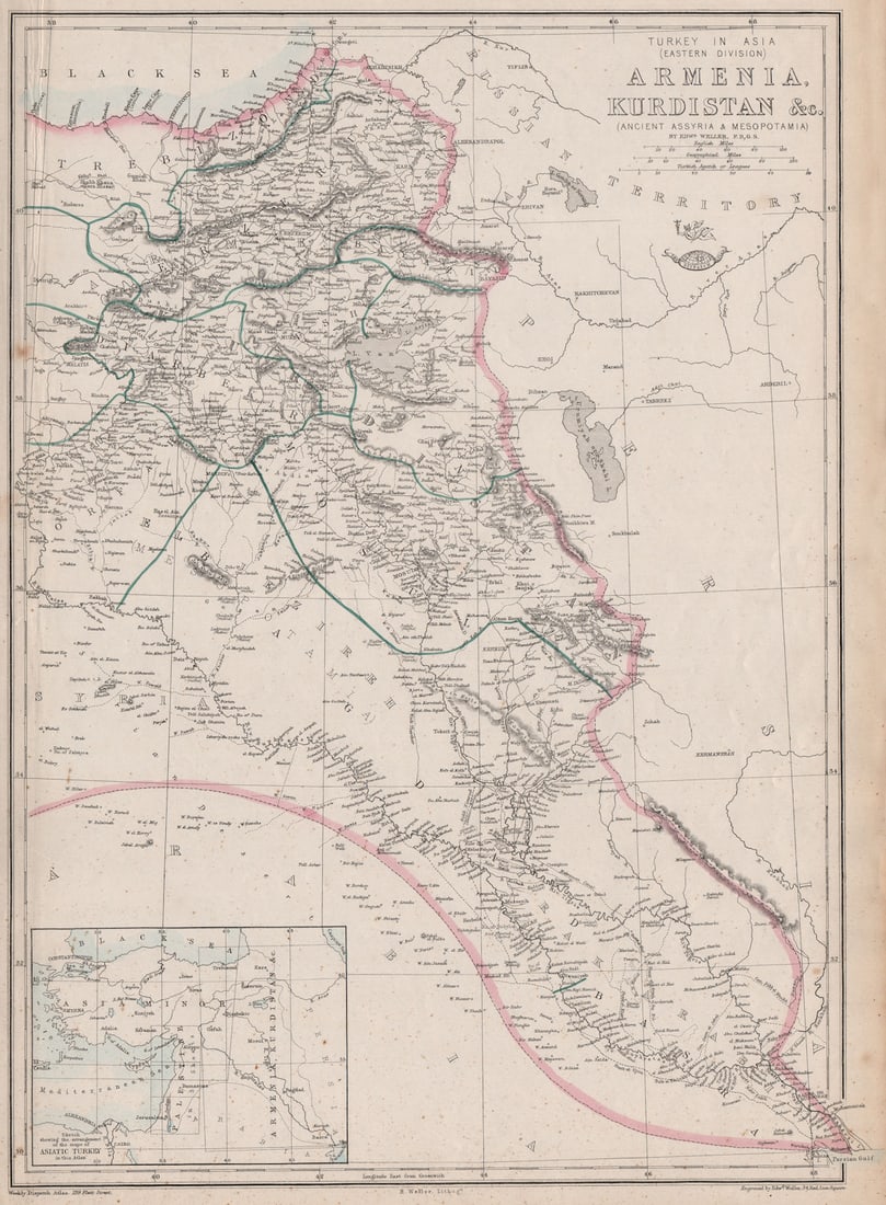TURKEY IN ASIA EAST Armenia Kurdistan Assyria Mesopotamia Iraq. WELLER 1863 map: TITLE/CONTENT OF MAP: 'Turkey in Asia (Eastern Division) Armenia, Kurdistan &c. (Ancient Assyria & Mesopotamia); Inset Map of Sketch showing the arrangement of the Maps of Asiatic Turkey in this Atlas
