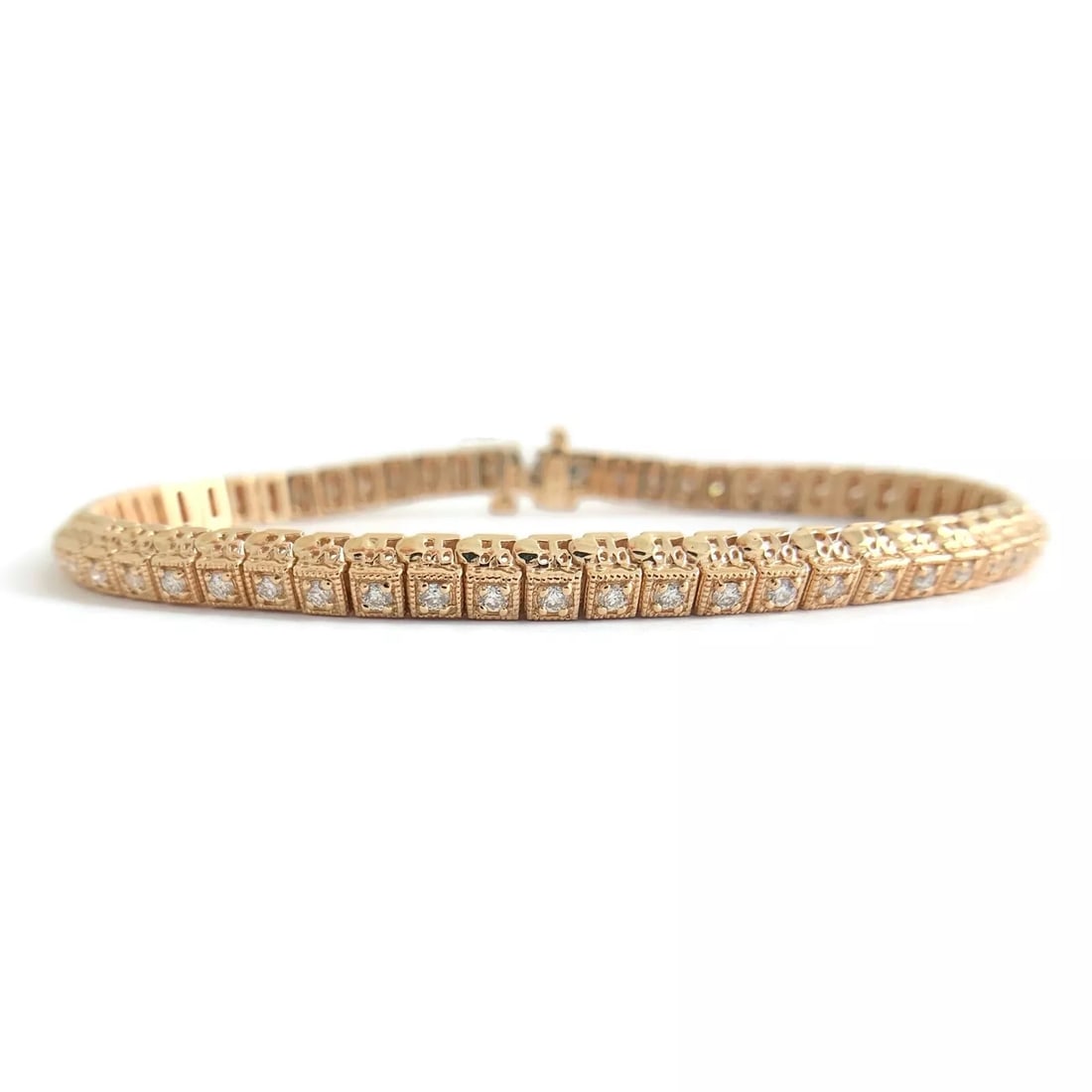 Milgrain Filigree Diamond Tennis Bracelet 14K Pink Rose Gold, 1.02 CTW, 16.35 Gr